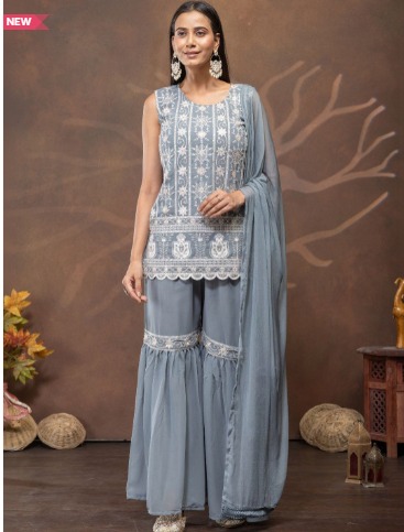 Women Ethnic Motifs Embroidered Regular Thread Work Kurti with Sharara & With Dupatta